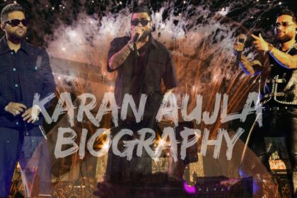 Karan Aujla performing live on stage with fireworks in the background, featuring a stylish collage design for Karan Aujla Biography.