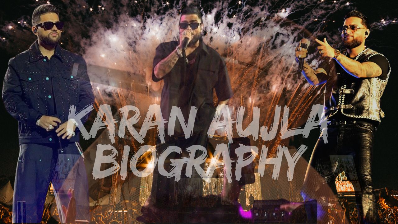 Karan Aujla performing live on stage with fireworks in the background, featuring a stylish collage design for Karan Aujla Biography.