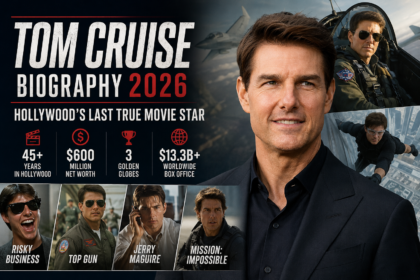 Tom Cruise biography 2026 feature image showing the Hollywood actor with scenes from Top Gun, Mission Impossible, and his four-decade film career.