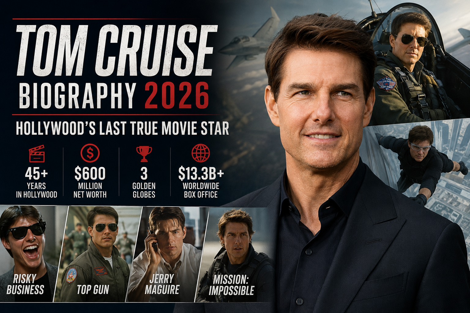 Tom Cruise biography 2026 feature image showing the Hollywood actor with scenes from Top Gun, Mission Impossible, and his four-decade film career.