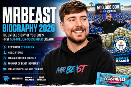 MrBeast biography 2026 feature image showing Jimmy Donaldson, his 500 million YouTube subscribers milestone, Beast Games, Feastables, and Beast Industries empire.