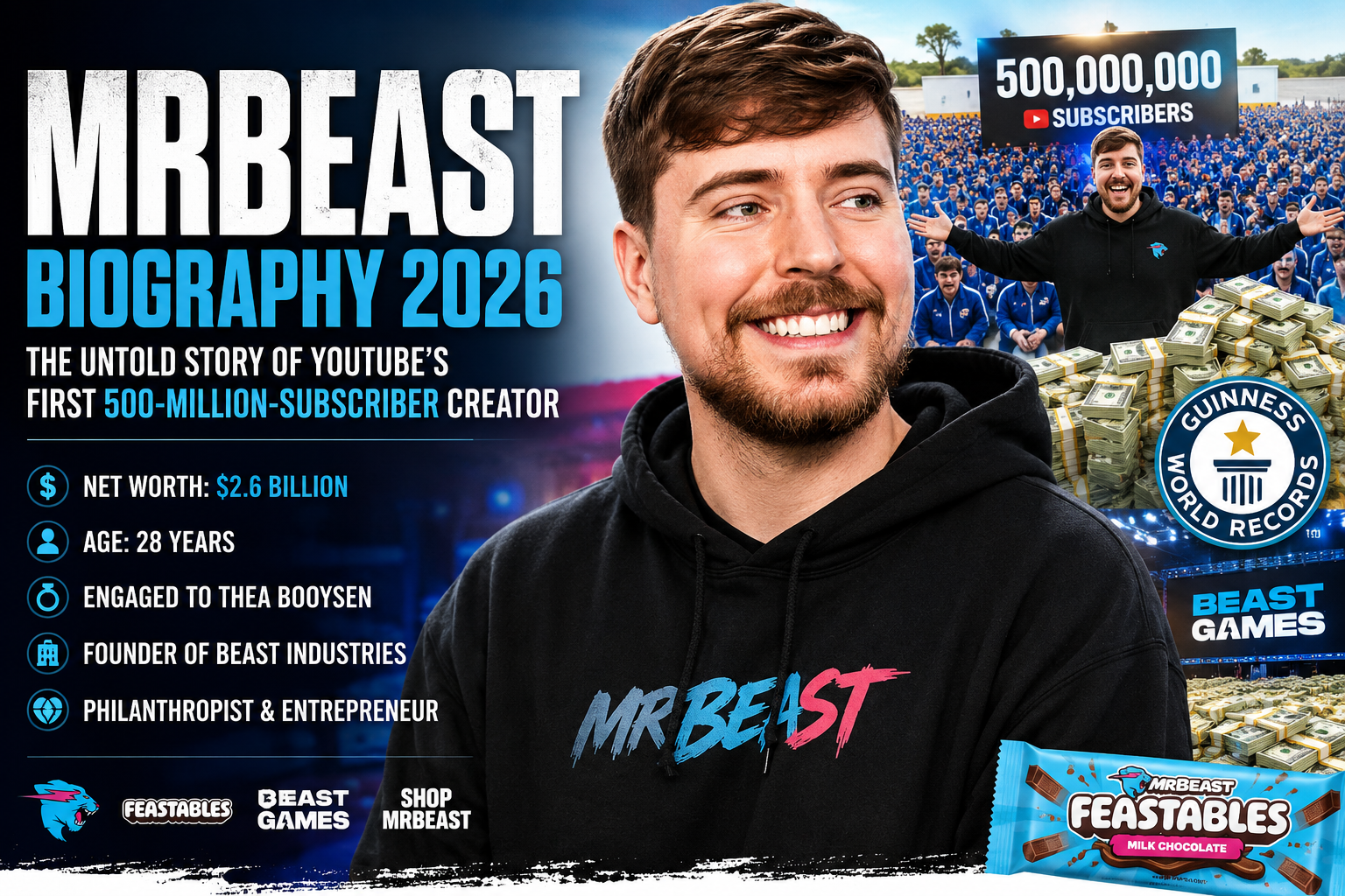 MrBeast biography 2026 feature image showing Jimmy Donaldson, his 500 million YouTube subscribers milestone, Beast Games, Feastables, and Beast Industries empire.